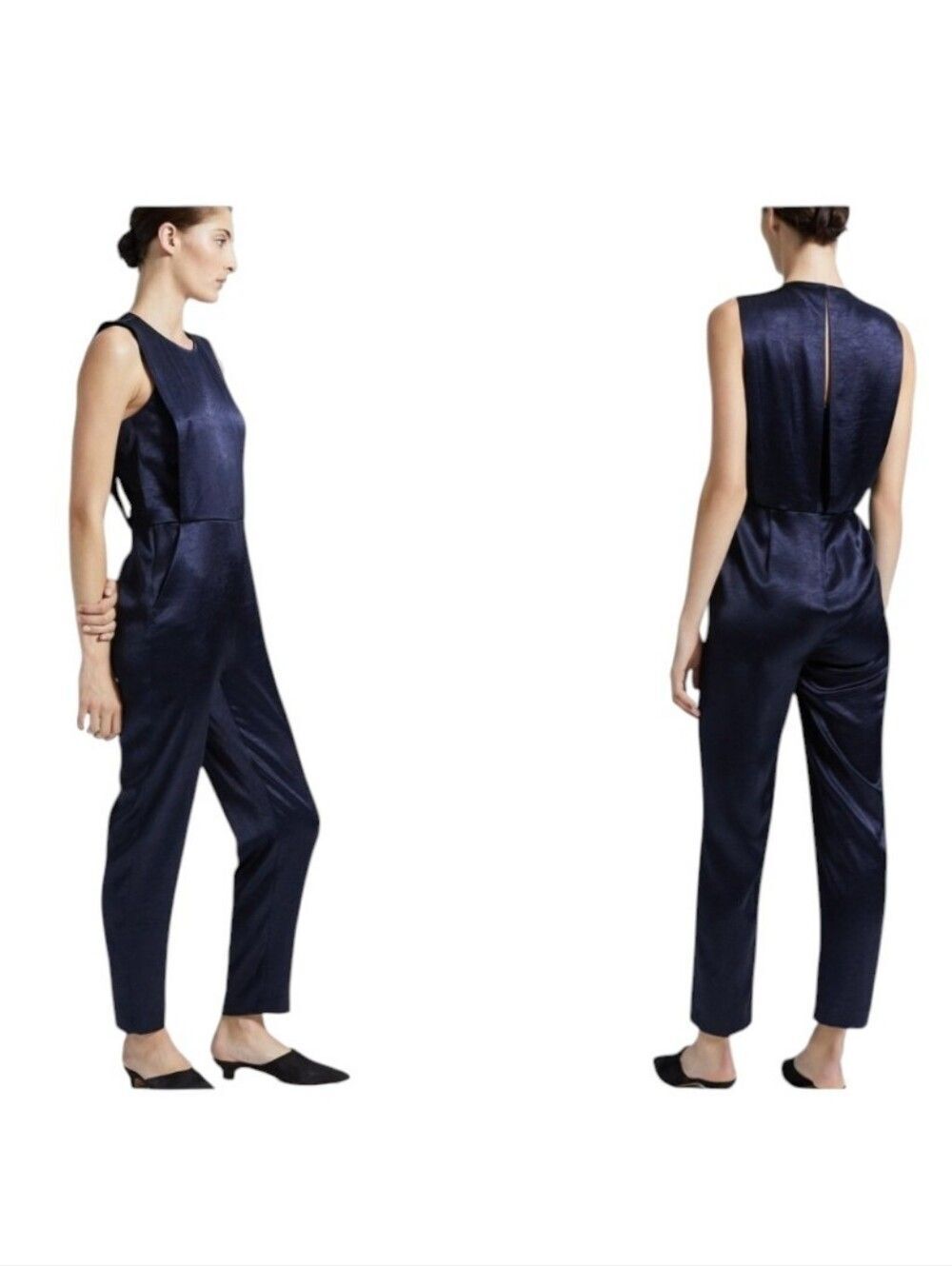 THEORY Black Satin Jumpsuit Layered top Keyhole back zip sleeveless Size 2